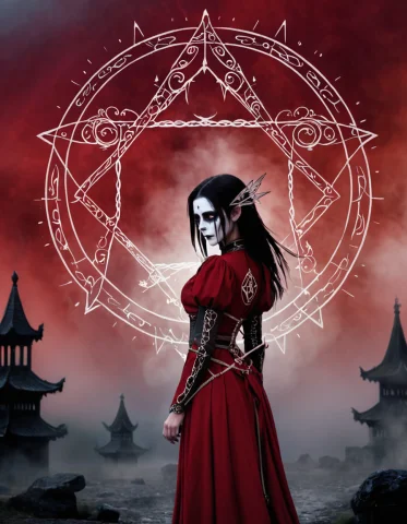 Fairy Tale, Ivory, Ruby, Sapphire, Diamond, Mysterious Black... — SDXL AI Prompt: Fairy tale, Ivory, Ruby, Sapphire, Diamond, mysterious black runes on red backgr...