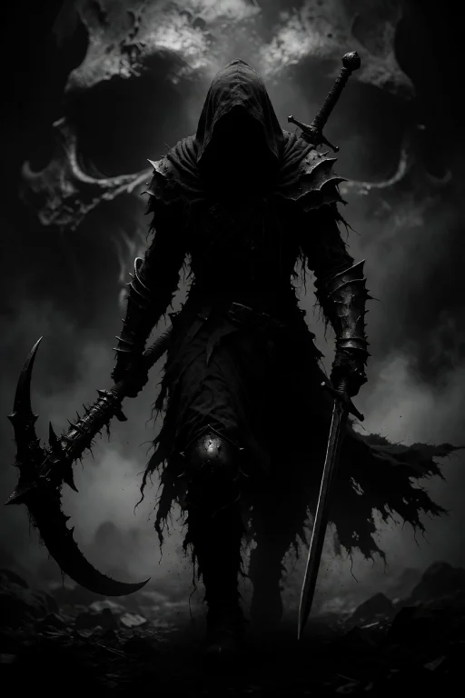 This Is A Black-and-white Digital Artwork Depicting A Dark,...