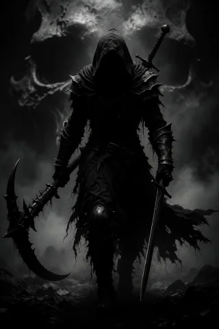 This Is A Black-and-white Digital Artwork Depicting A Dark,... — Stable Diffusion AI Prompt: This is a black-and-white digital artwork depicting a dark, menacing figure stan...