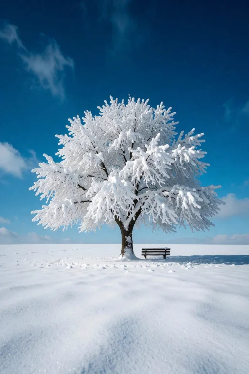 This Photograph Depicts A Solitary, Snow-covered Tree Standi...