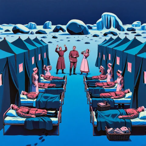 Lorazptagk2e101 A Retro Field Hospital, Wounded Soldiers On... — Stable Diffusion AI Prompt: a retro field hospital, wounded soldiers on camp beds, weary decrepit nurses. A...