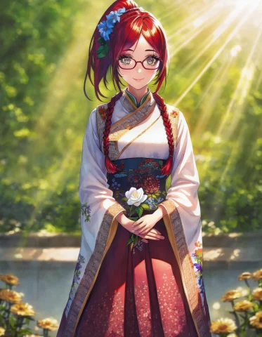 1girl, Hands, Eyes, Eyelashes, Ponytail, Braids, Flower Hair... — Stable Diffusion AI Prompt: 1girl, hands, eyes, eyelashes, ponytail, braids, flower hairstick, embroidery, r...