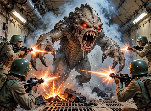 Lorakreaotherworlds1a Squad Of Retro Sci-fi Infantry Firing... — Stable Diffusion AI Prompt: A squad of retro sci-fi infantry firing down a narrow spaceship corridor while a...