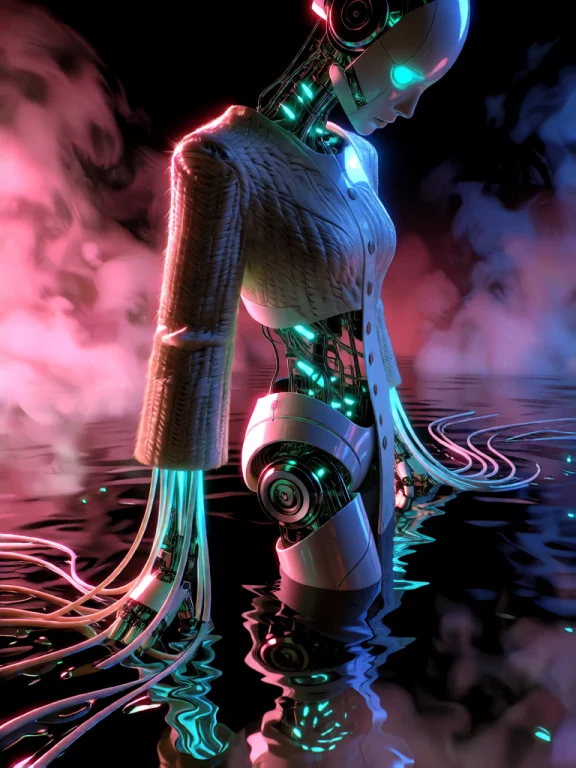 A Cinematic High-angle Shot Of A Slender Android Wearing An...