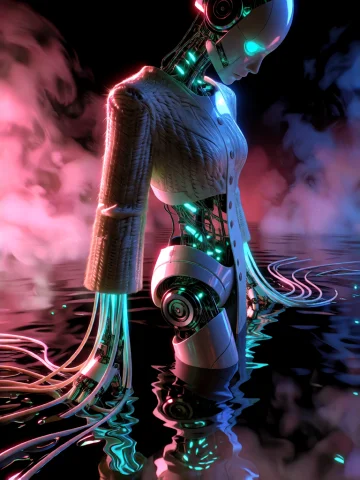 A Cinematic High-angle Shot Of A Slender Android Wearing An... — Stable Diffusion AI Prompt: A cinematic high-angle shot of a slender android wearing an asymmetrical coat ma...