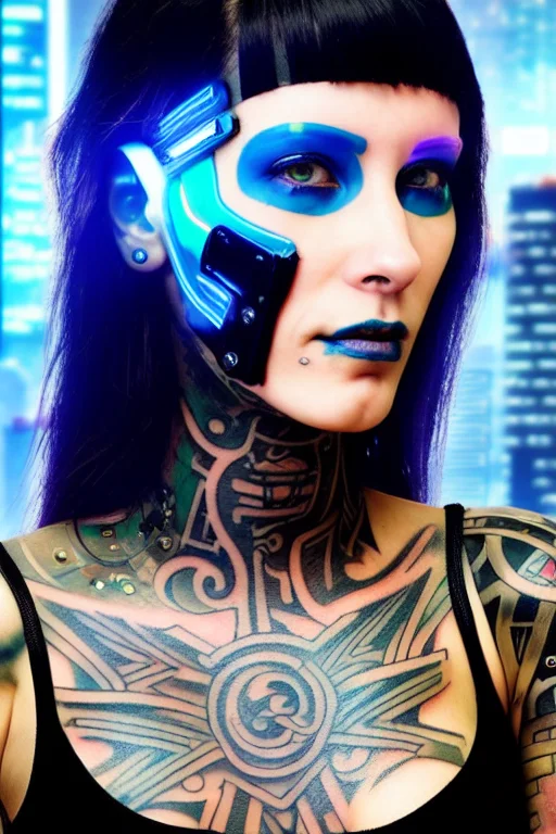Cyberpunk Woman With A Tattooed Face In Front Of A Neon City...