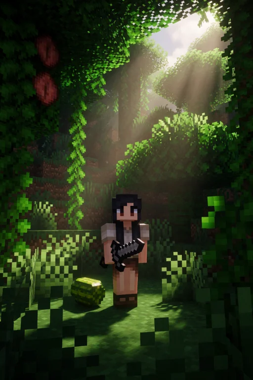 Minecraft Style. An Elegant Girl With Long Black Hair Standi...