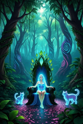 A Jungle Where Every Leaf Glows With A Different Hue, Trees... — Stable Diffusion AI Prompt: A jungle where every leaf glows with a different hue, trees shaped like spirals,...
