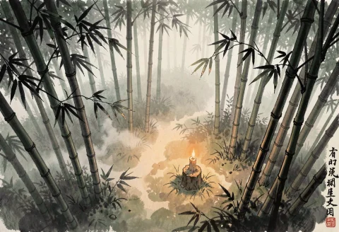 A Bamboo Grove In Early Morning Fog, Ink Wash Painting, Cand... — Stable Diffusion AI Prompt: a bamboo grove in early morning fog, ink wash painting, candlelight, birds eye v...
