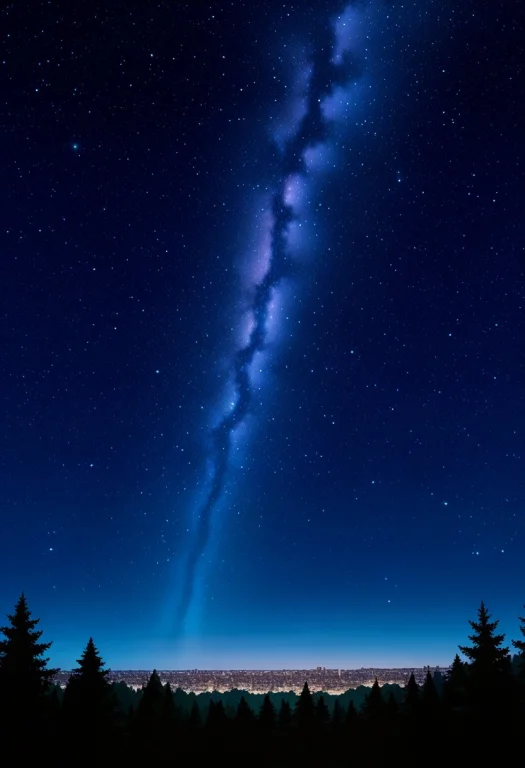 Forest, Trees Close Up, Night Sky, Stars, City In The Backgr...