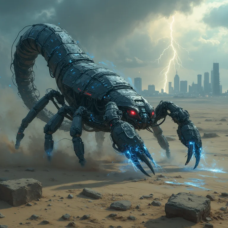 Colossal Cybernetic Scorpion Emerging From A Windswept Deser...