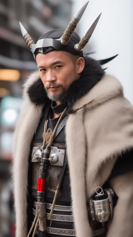 Man In Samurai Armor With Fur Around The Neck And Waist, Wea...