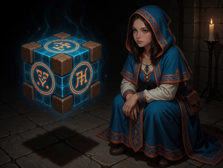 1girl, Hooded Robe, Medieval Dress, Blue And Orange Color Sc...