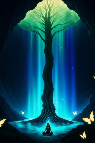 A Tree Growing Upside Down From A Glowing Ceiling Cave, Its... — Stable Diffusion AI Prompt: A tree growing upside down from a glowing ceiling cave, its roots stretching int...