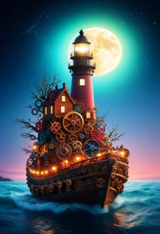 Made Of Gears, Boat Made Of Gears, Lighthouse Made Of Gears,...