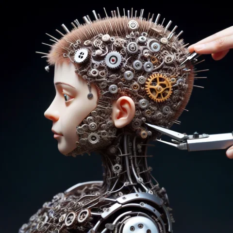 A Nervous Robot Getting A Haircut, With Dozens Of Tiny Gears... — SDXL AI Prompt: A nervous robot getting a haircut, with dozens of tiny gears mechanically trimmi...
