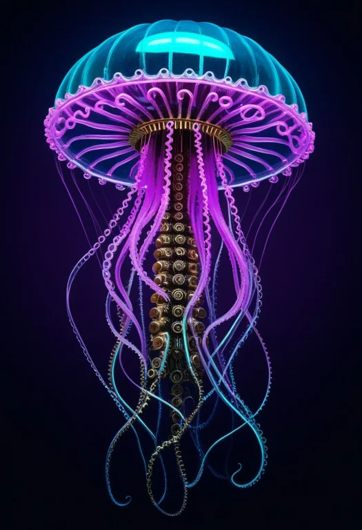 A Jellyfish Made Entirely Of Chrome And Brass Gears, Glowing...