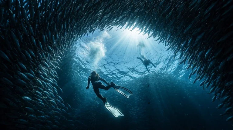 A Freediver With Long White Fins Swims Upward Into A Massive...