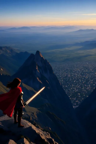 Woman Closeup, A Female Warrior Standing Atop A Mountain Pea... — Stable Diffusion AI Prompt: woman closeup, A female warrior standing atop a mountain peak at dawn, overlooki...