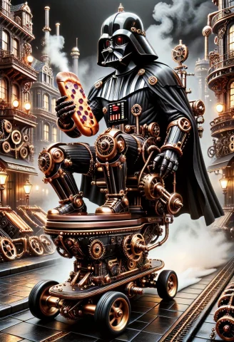 Darth Vader Sitting On A Toilet Bowl, Holding A Single Peppe... — SDXL AI Prompt: Darth Vader sitting on a toilet bowl, holding a single pepperoni pizza slice. Th...