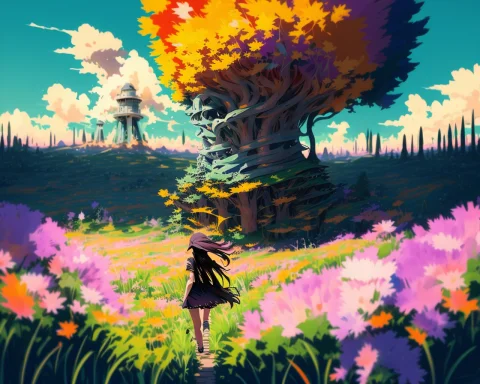 A Girl In A Grassy Field With A Beautiful Explosion In The D... — Stable Diffusion AI Prompt: a girl in a grassy field with a beautiful explosion in the distance, by clrs