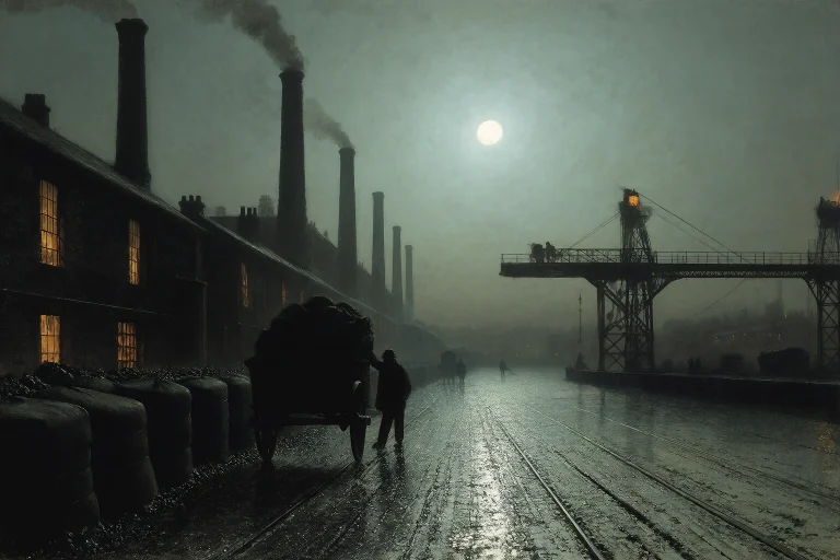 Grimshaw Victorian Nightscape, Coal Wharf At Night With Stac...