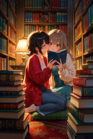 2girls, Indoor, Reading Nook With Floor Cushions, Portrait O... — Stable Diffusion AI Prompt: 2girls, indoor, reading nook with floor cushions, portrait orientation, casual d...