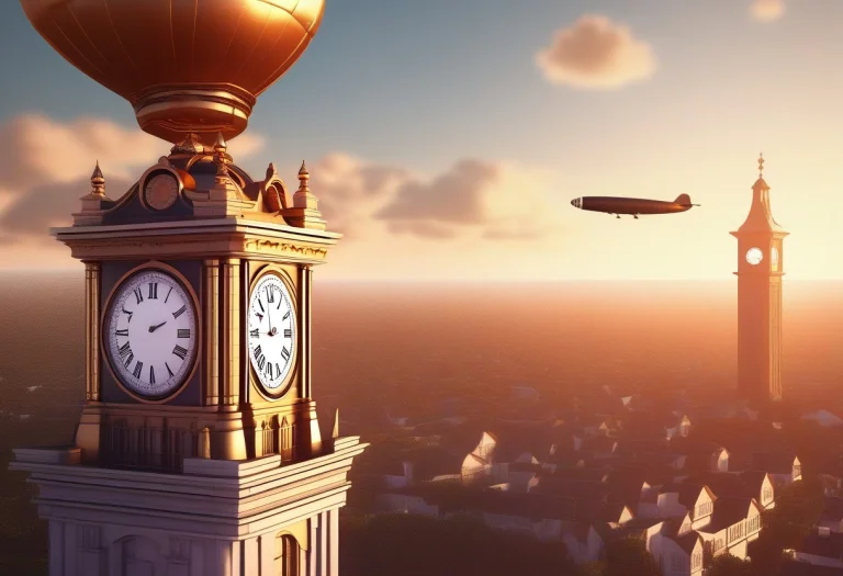 A Zeppelin Drifting Past A Clock Tower, Octane Render, Globa...