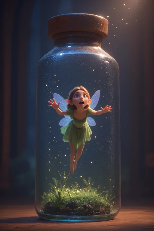 1girl, Woman Fairy Trapped In A Huge Glass Bottle, Surprised...