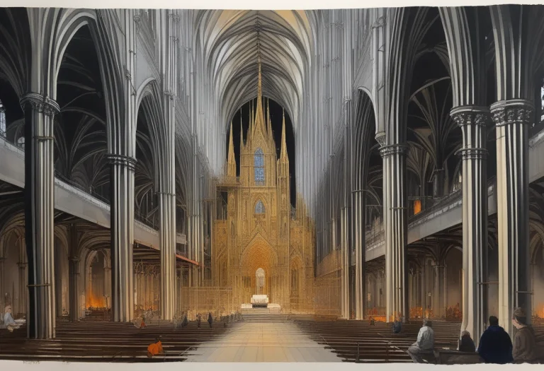 A Cathedral Under Construction Wrapped In Scaffolds, Gouache...