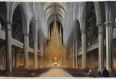 A Cathedral Under Construction Wrapped In Scaffolds, Gouache... — SDXL AI Prompt: a cathedral under construction wrapped in scaffolds, gouache painting, firelight...