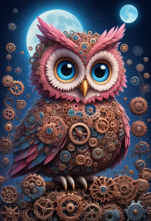 All Made Of Gears, Cute Pink And Blue Owl, Gears World, Big...