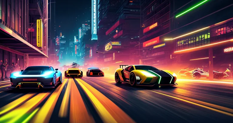 A Street Race Between Advanced, Cyberpunk-themed Futuristic...