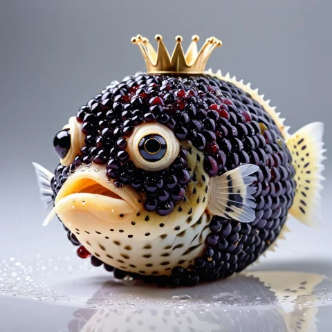 A Round Blackberryworld Pufferfish Proudly Inflated Into An... — Stable Diffusion AI Prompt: (a round blackberryworld pufferfish proudly inflated into an enormous ball:1.3),...