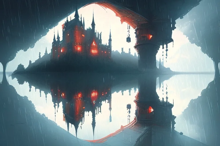 Upside Down Castle In The Rain By Kuvshinov, Samdoesart, Dre...