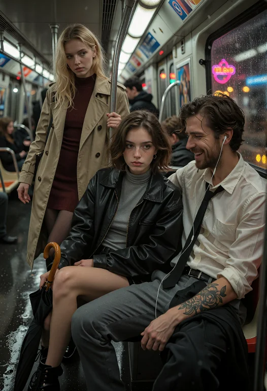 Two Women And One Man Inside A Crowded Late-night Subway Tra...