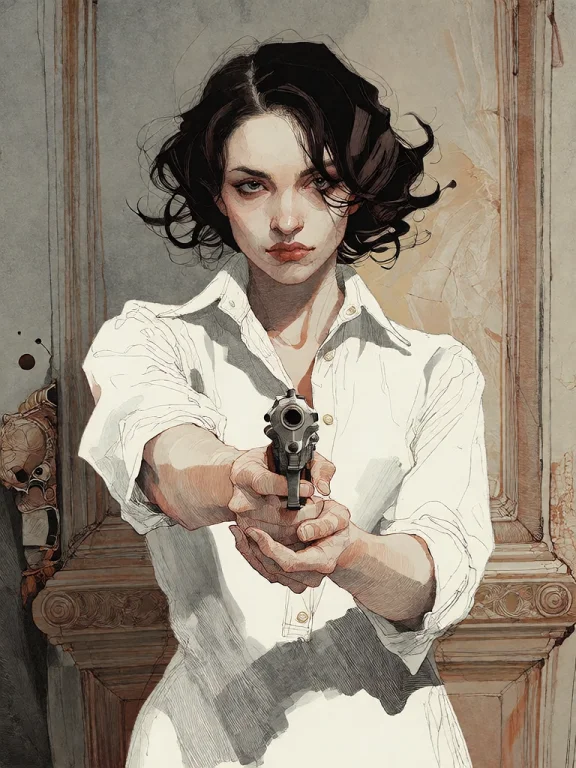 Bradhamel Art Style. A Woman With Dark Curly Hair, Wearing A...