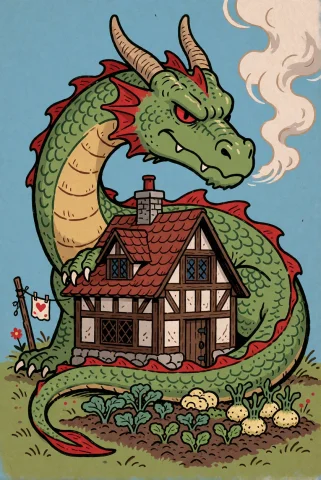 Folk Comic Illustration. A Large Green Dragon Curled Around... — Stable Diffusion AI Prompt: folk comic illustration. a large green dragon curled around a tiny medieval cott...