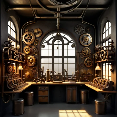 The Image Shows A Richly Detailed Steampunk Workshop Interio... — SDXL AI Prompt: The image shows a richly detailed steampunk workshop interior inspired by the co...