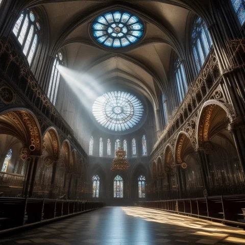 A Grand Cathedral Interior Where The Pillars And Vaulted Arc... — SDXL AI Prompt: A grand cathedral interior where the pillars and vaulted arches are formed by ma...