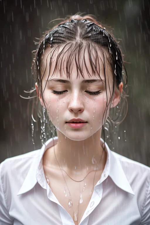 Russian Girl, Looking Up, Eyes Closed, Open Mouth, White Shi...