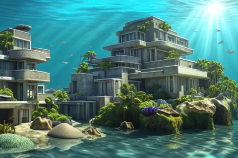 Dvarchmodern Style, Underwater City, House, Submerged, Green... — Stable Diffusion AI Prompt: +dvArchModern style, underwater city, house, submerged, green ocean water, fossi...