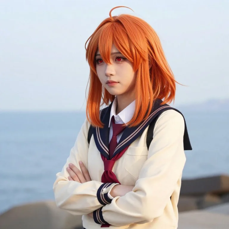No Humans, Shoulder-length Hair, Orange Hair, Red Eyes, Scho...