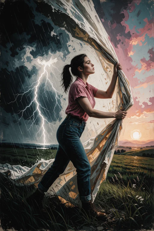 A Woman Stands In A Grassy Field, Pulling Back A Large, Curv...