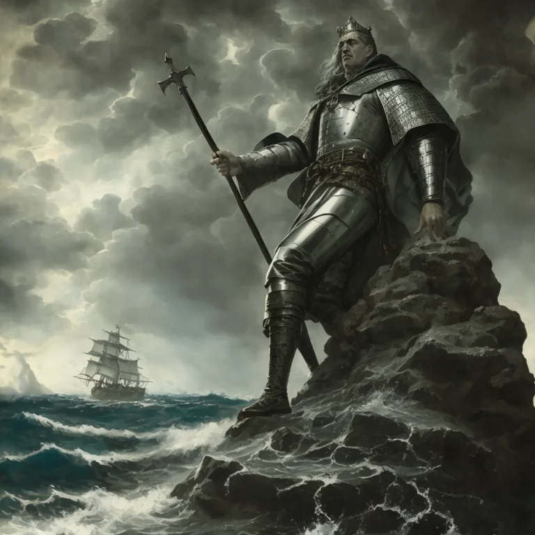 A Painting Of A Medieval King Standing On A Rock In The Sea,...