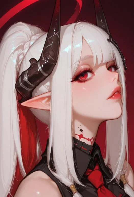 Elf Girl, White Hair Bang With Buns, Red Eyes ,score9, Score...