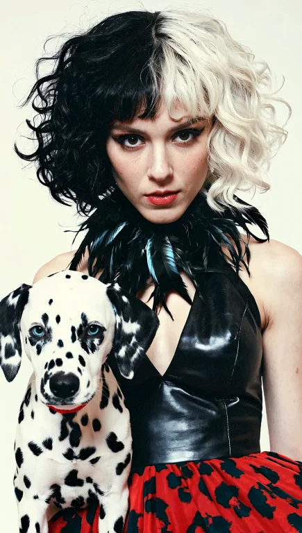 A Stylized Portrait Of A Cruella Deville-like Girl With Half...