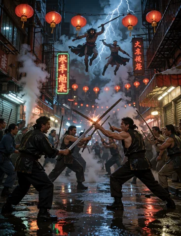 Lorakrearetrocyberpunk0.51980s Chinatown At Night, Two Rival... — Stable Diffusion AI Prompt: 1980s Chinatown at night, two rival martial arts gangs fighting in a narrow rain...