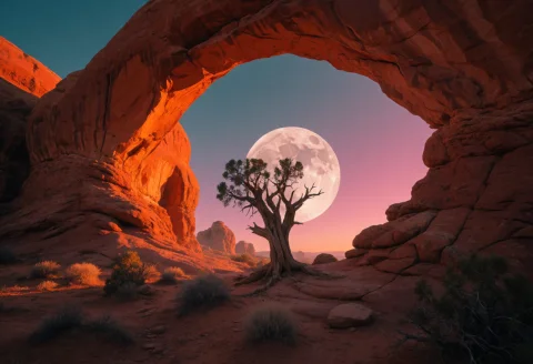 Photorealistic Landscape Photography, A Massive Natural Red... — Stable Diffusion AI Prompt: Photorealistic landscape photography, a massive natural red sandstone arch frami...