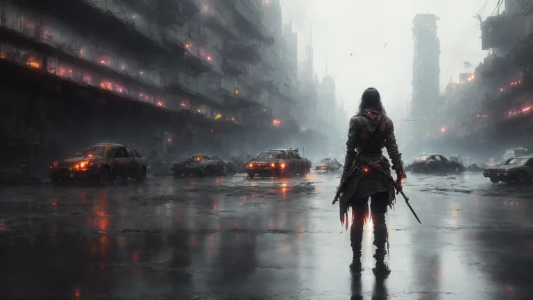 One Fair-haired Young Woman Stand On The Road In The Center...